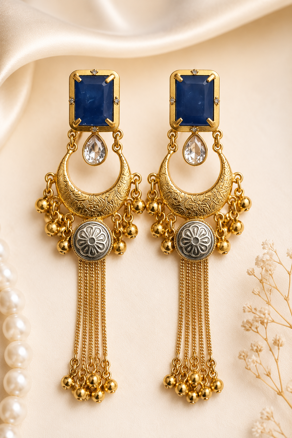 Blue Stone Gold Plated Chandbali Tassel Earrings Wedding Party Traditional Wear