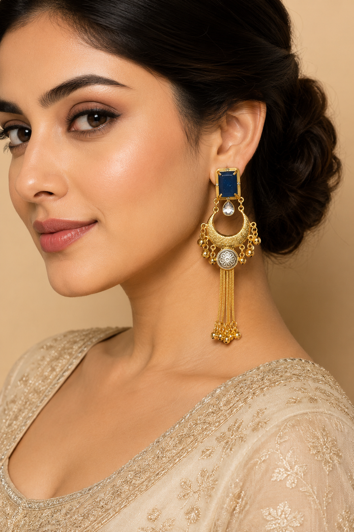 Blue Stone Gold Plated Chandbali Tassel Earrings Wedding Party Traditional Wear