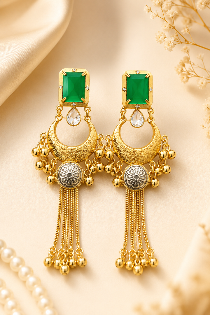 Green Stone Gold Plated Chandbali Tassel Earrings Wedding Party Traditional Wear