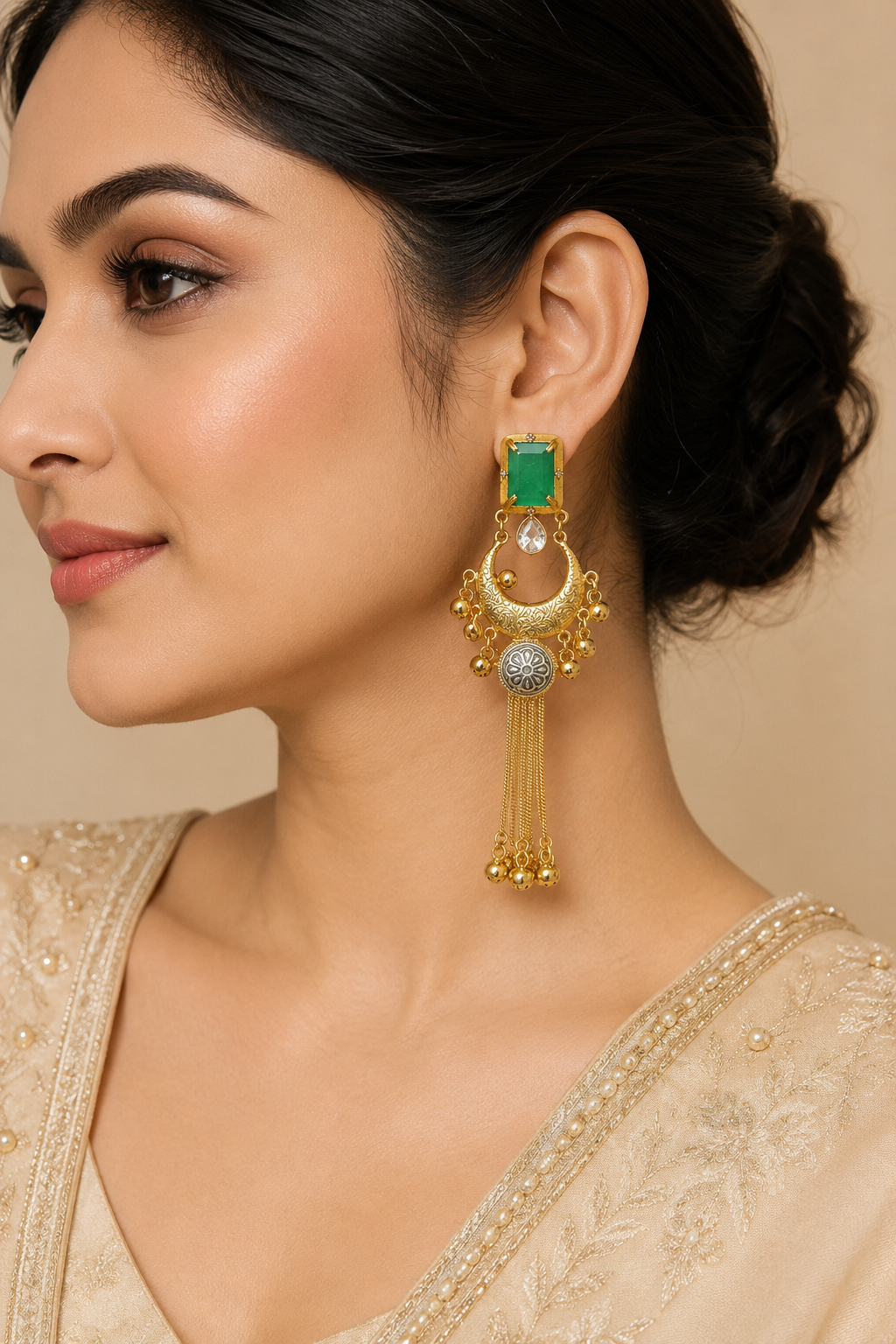 Green Stone Gold Plated Chandbali Tassel Earrings Wedding Party Traditional Wear