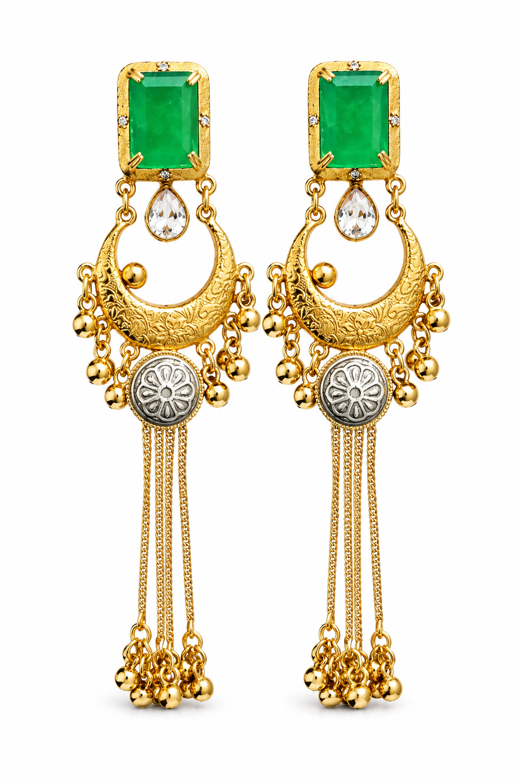 Green Stone Gold Plated Chandbali Tassel Earrings Wedding Party Traditional Wear