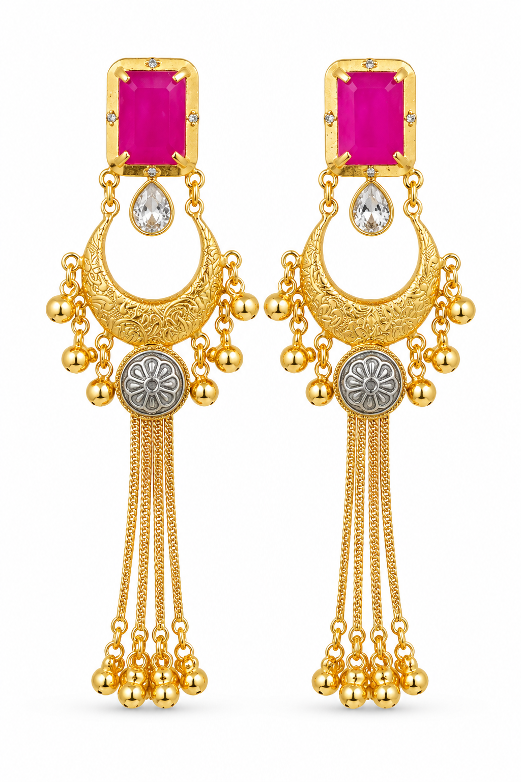 Rani Pink Stone Chandbali Jhumka Earrings Traditional Wedding Party Wear Designer