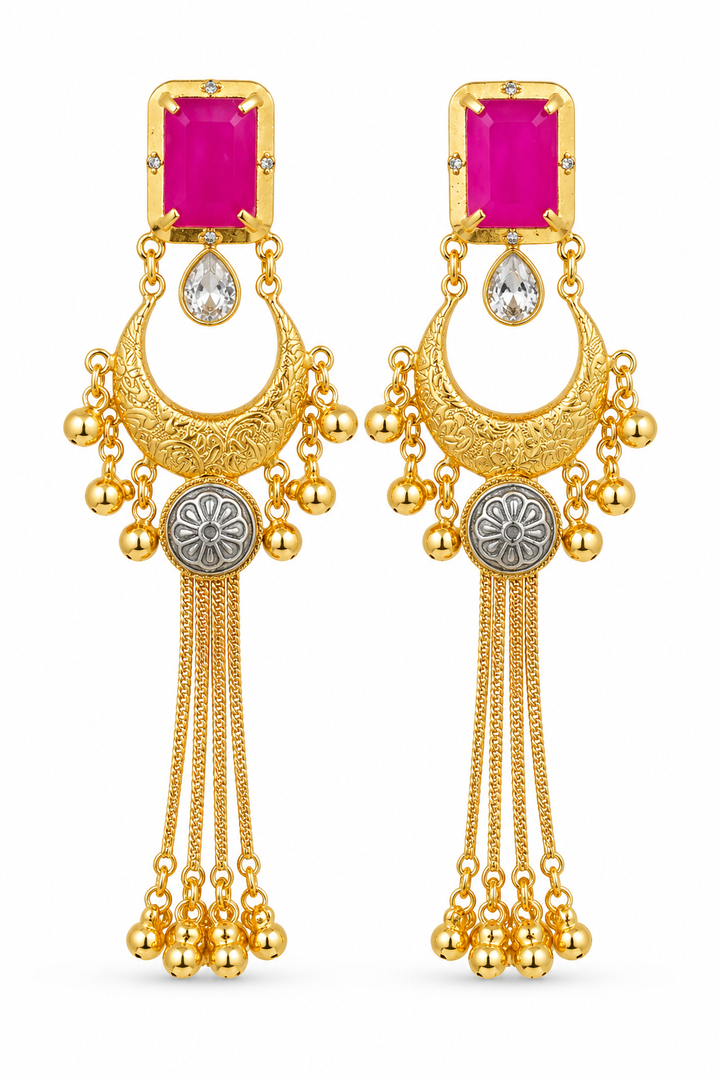 Rani Pink Stone Chandbali Jhumka Earrings Traditional Wedding Party Wear Designer