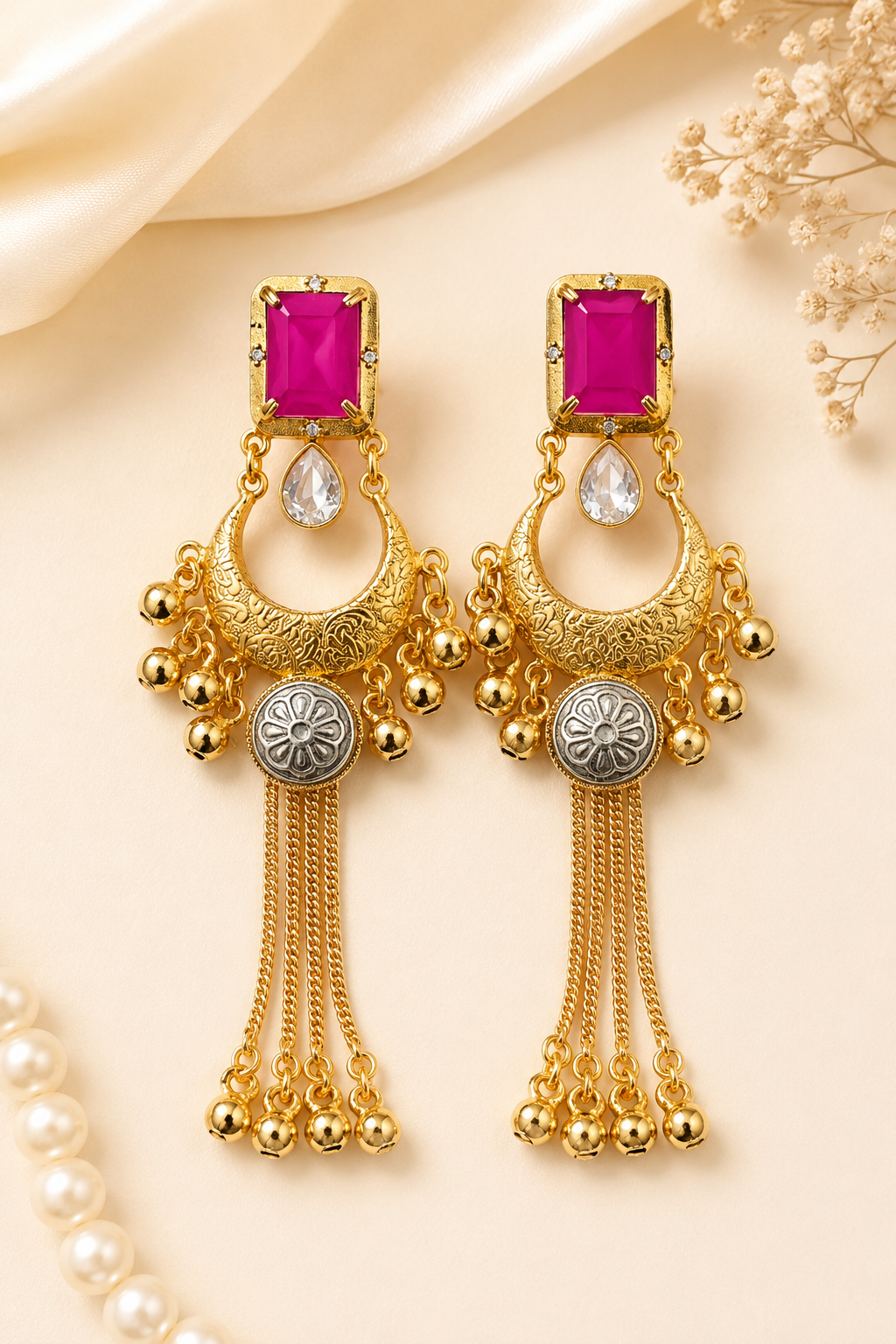 Rani Pink Stone Chandbali Jhumka Earrings Traditional Wedding Party Wear Designer