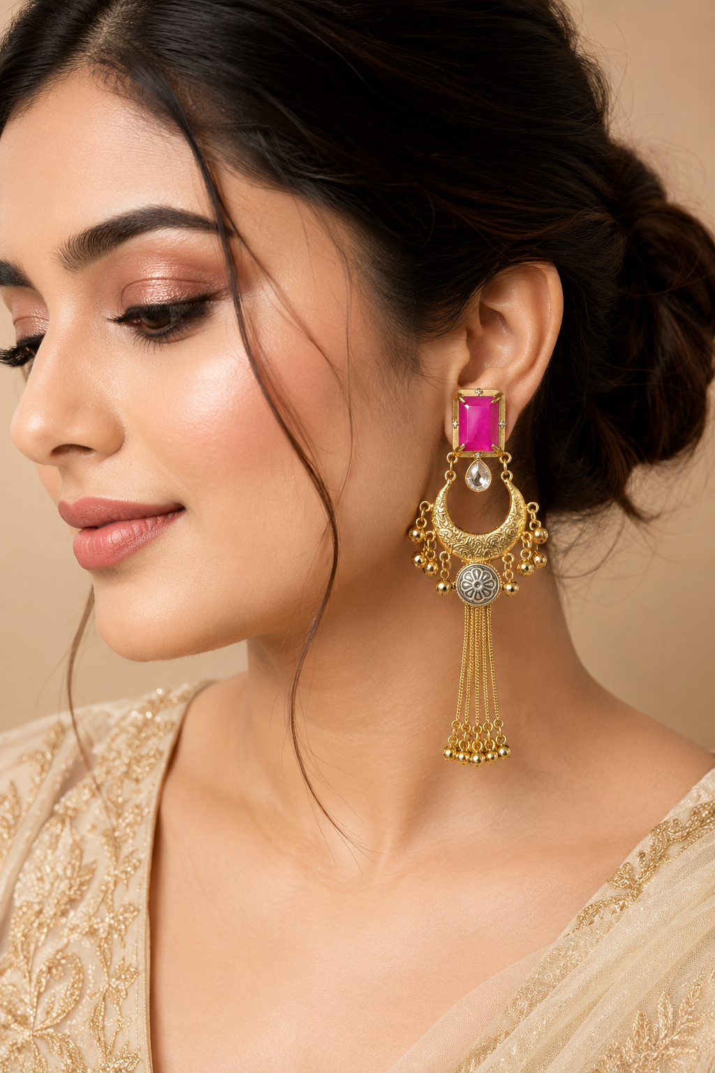 Rani Pink Stone Chandbali Jhumka Earrings Traditional Wedding Party Wear Designer