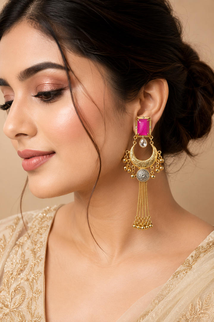 Rani Pink Stone Chandbali Jhumka Earrings Traditional Wedding Party Wear Designer