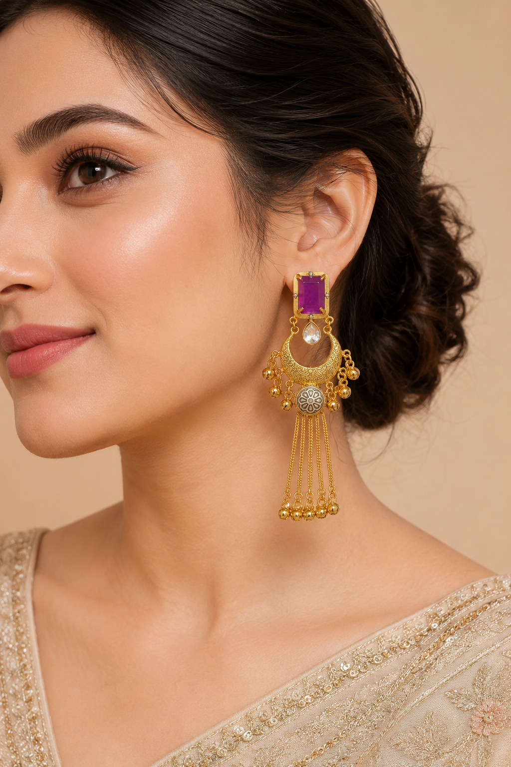 Purple Stone Gold Plated Chandbali Tassel Earrings Party Wear Traditional Designer