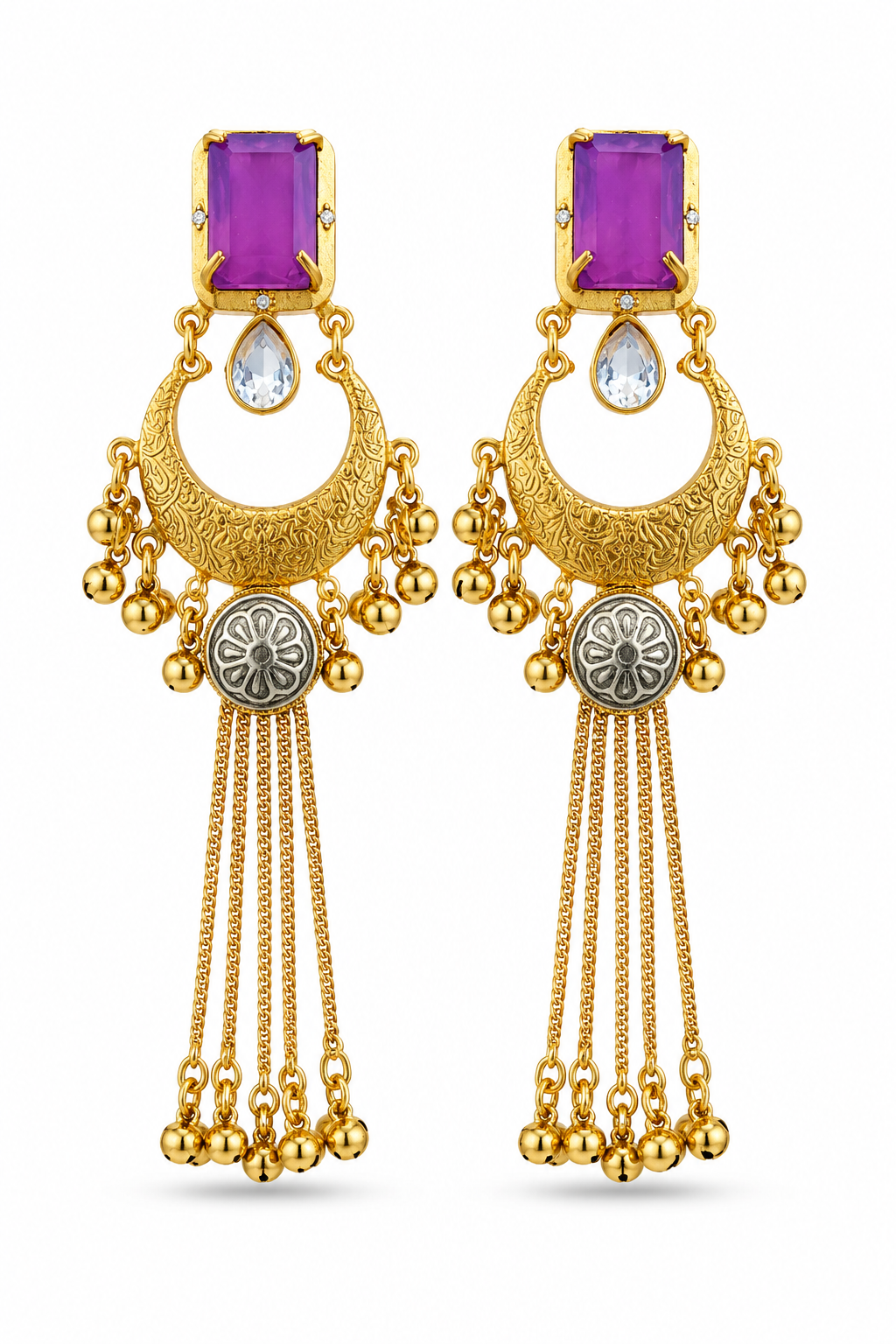 Purple Stone Gold Plated Chandbali Tassel Earrings Party Wear Traditional Designer