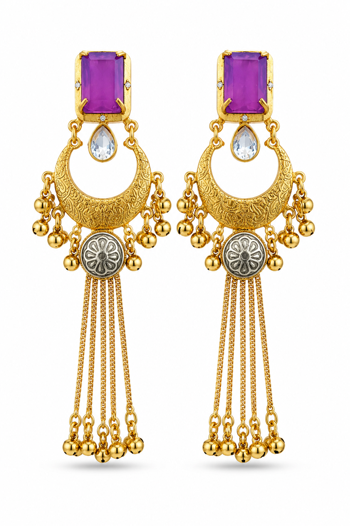 Purple Stone Gold Plated Chandbali Tassel Earrings Party Wear Traditional Designer