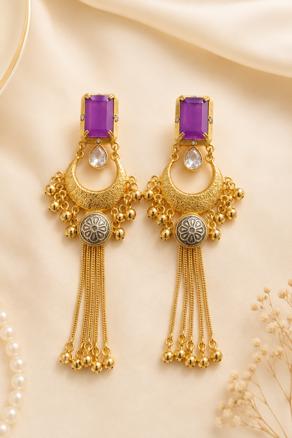 Purple Stone Gold Plated Chandbali Tassel Earrings Party Wear Traditional Designer