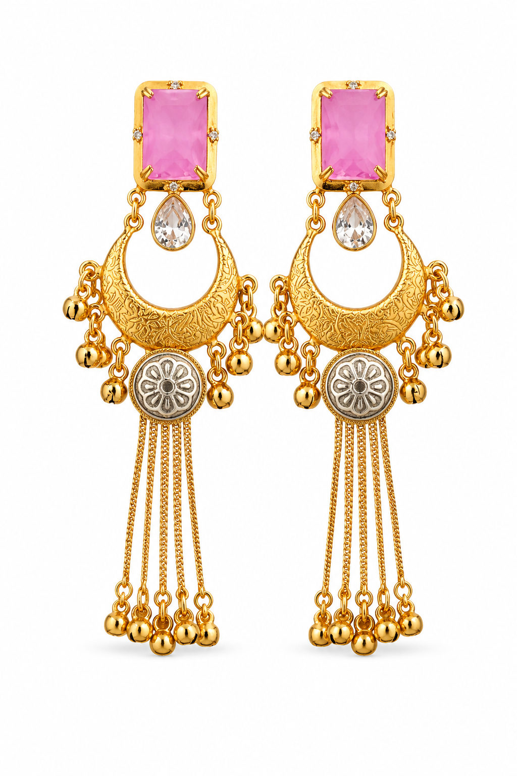 Pink Stone Gold Chandbali Tassel Earrings Traditional Party Wear Designer Jewelry