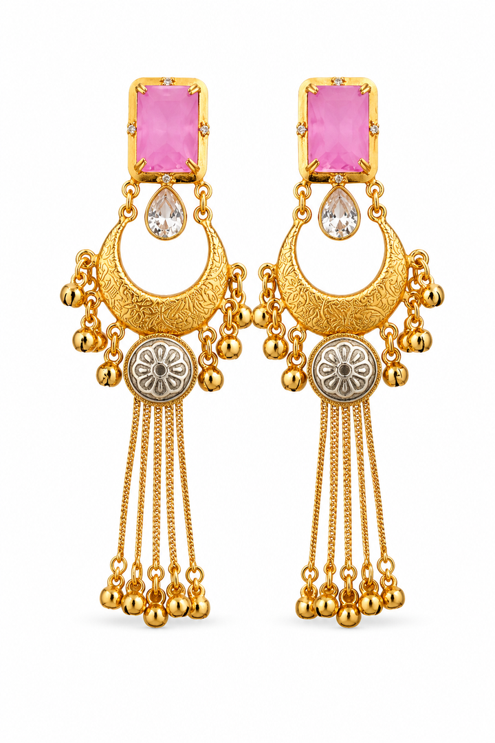Pink Stone Gold Chandbali Tassel Earrings Traditional Party Wear Designer Jewelry