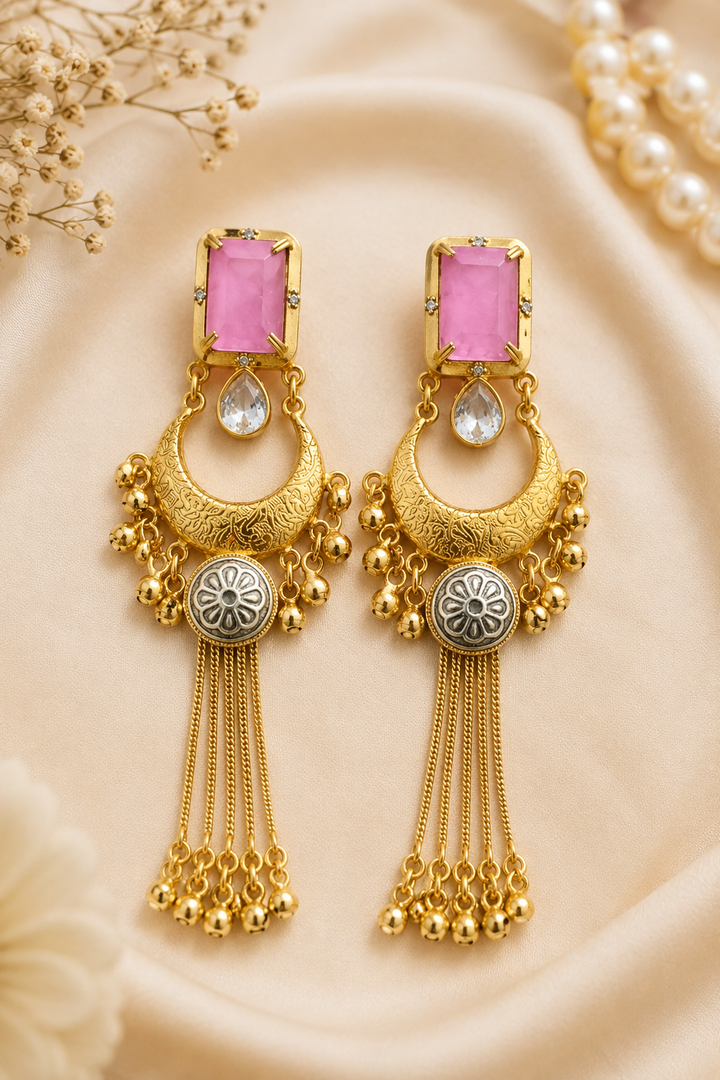 Pink Stone Gold Chandbali Tassel Earrings Traditional Party Wear Designer Jewelry