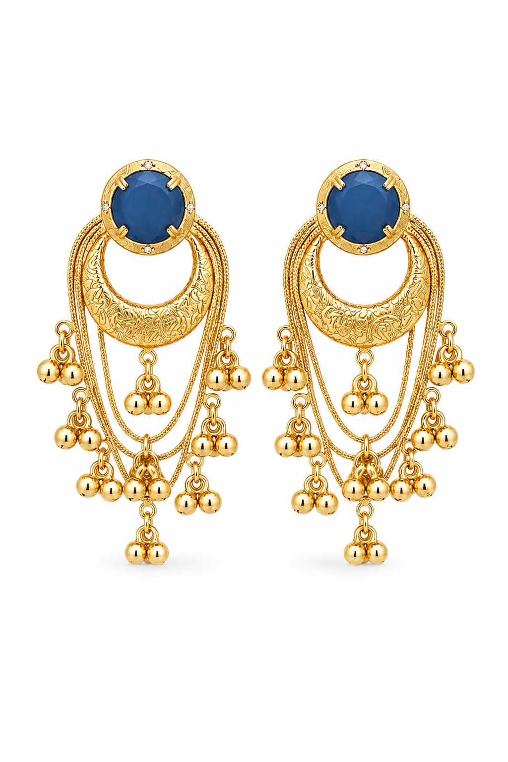 Blue Stone Gold Plated Chandbali Tassel Earrings Traditional Party Wear Designer