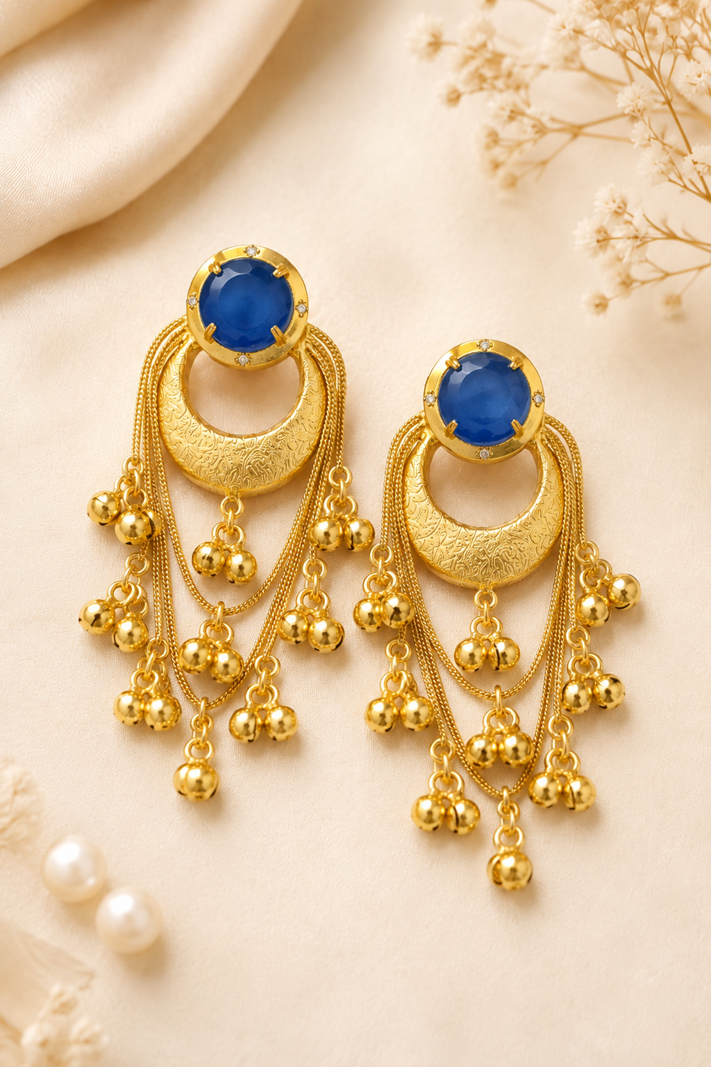 Blue Stone Gold Plated Chandbali Tassel Earrings Traditional Party Wear Designer