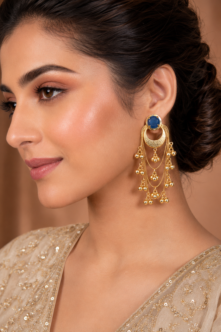 Blue Stone Gold Plated Chandbali Tassel Earrings Traditional Party Wear Designer