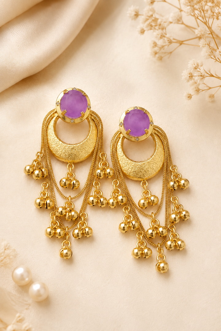 Purple Stone Gold Plated Chandbali Ghungroo Earrings Traditional Party Wear Designer
