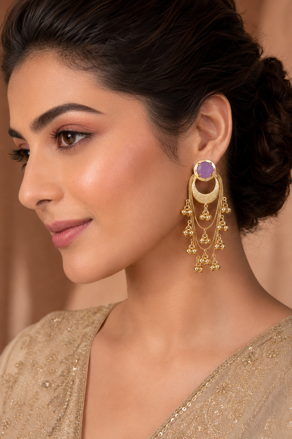 Purple Stone Gold Plated Chandbali Ghungroo Earrings Traditional Party Wear Designer