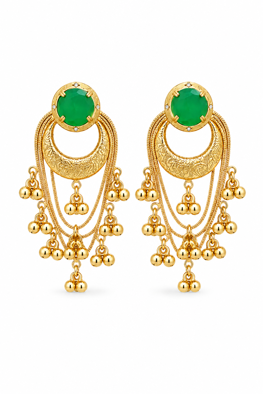 Green Stone Gold Plated Chandbali Tassel Earrings Traditional Party Wear Designer