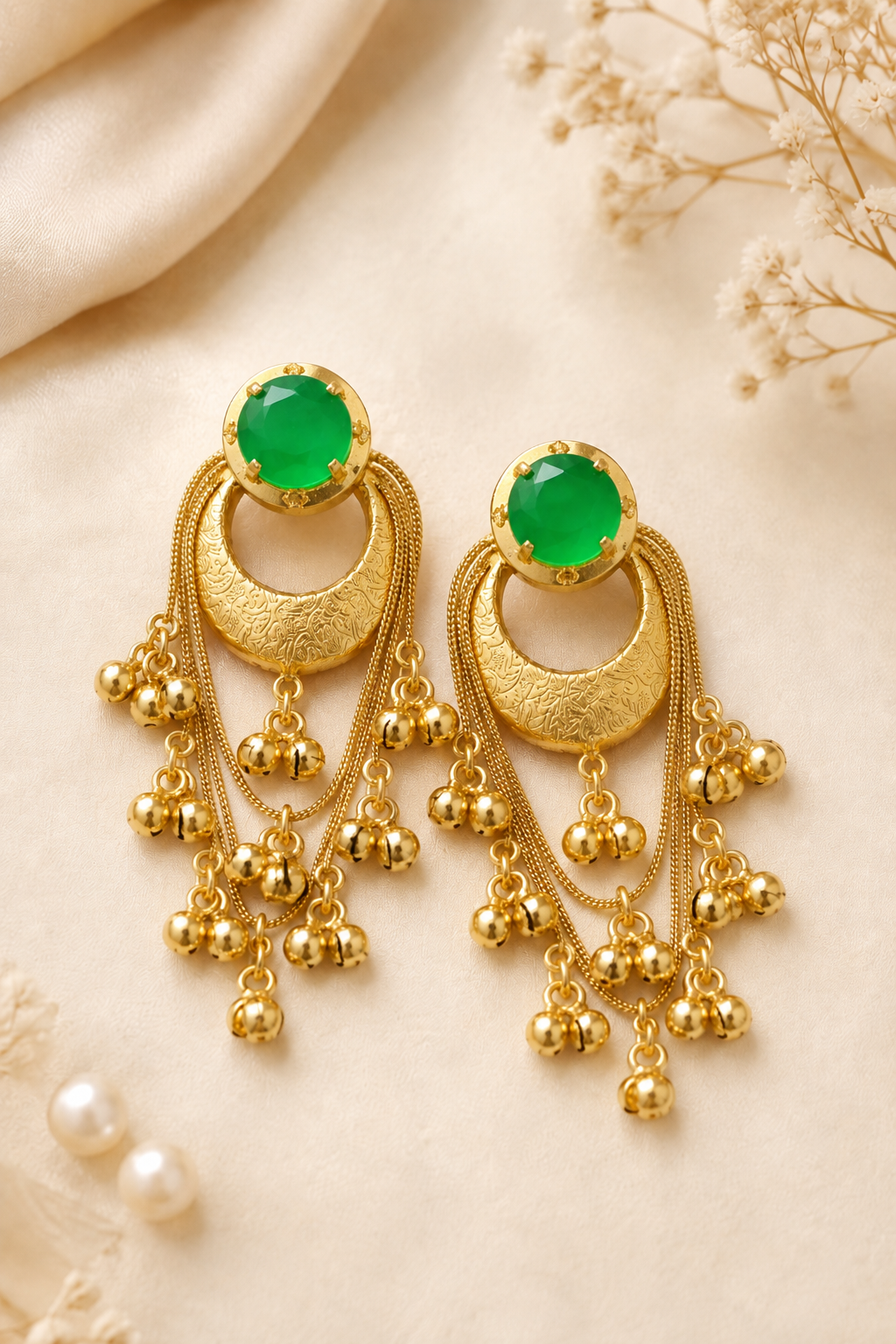 Green Stone Gold Plated Chandbali Tassel Earrings Traditional Party Wear Designer