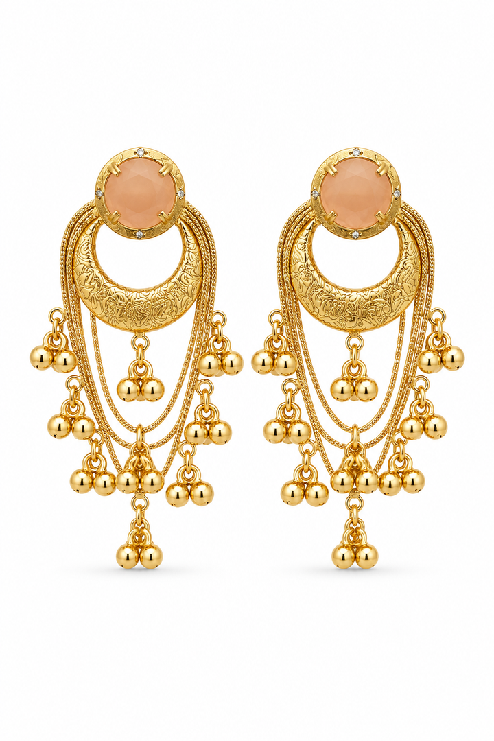 Pink Stone Gold Plated Chandbali Tassel Earrings Traditional Party Wear Designer