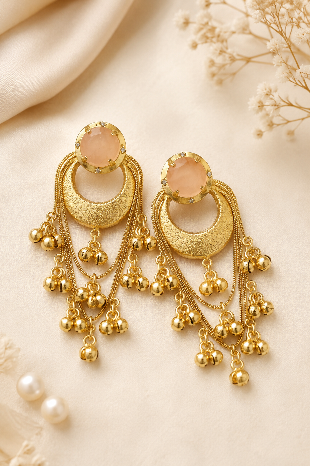 Pink Stone Gold Plated Chandbali Tassel Earrings Traditional Party Wear Designer