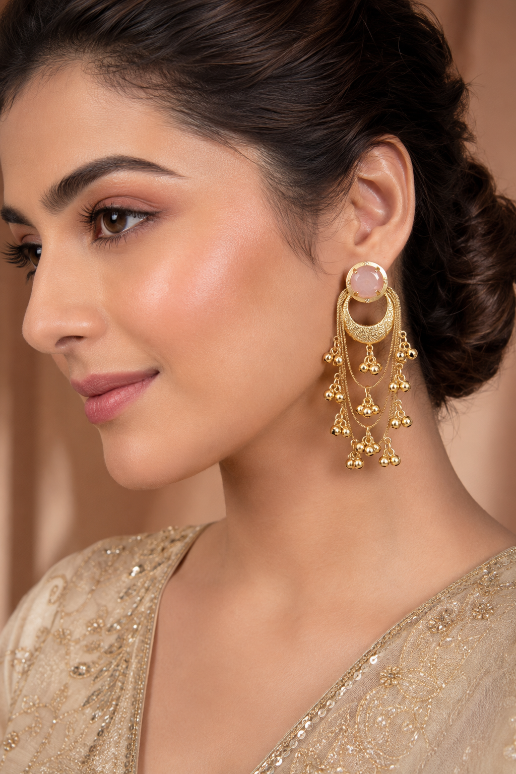 Pink Stone Gold Plated Chandbali Tassel Earrings Traditional Party Wear Designer