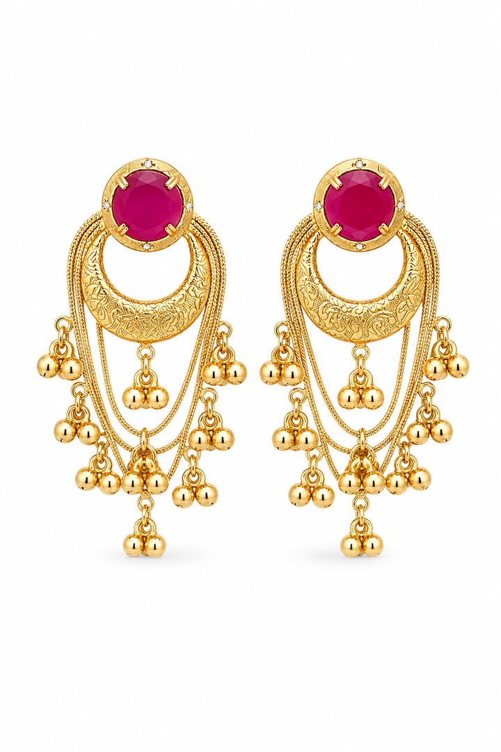 Pink Stone Gold Plated Chandbali Tassel Earrings Traditional Party Wear Designer