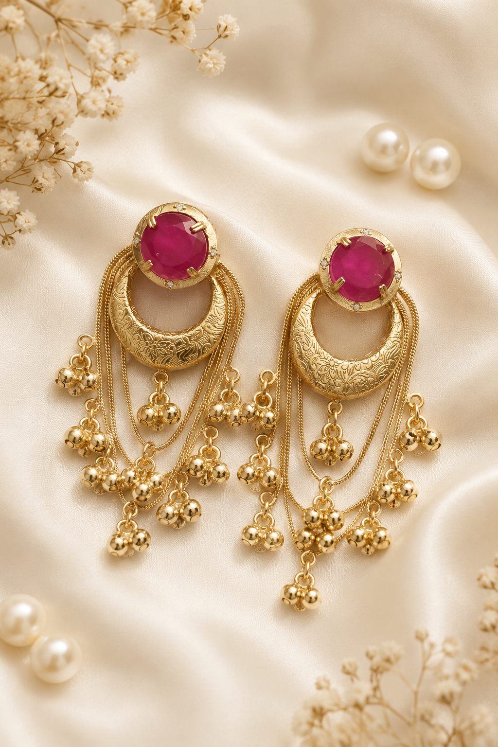 Pink Stone Gold Plated Chandbali Tassel Earrings Traditional Party Wear Designer