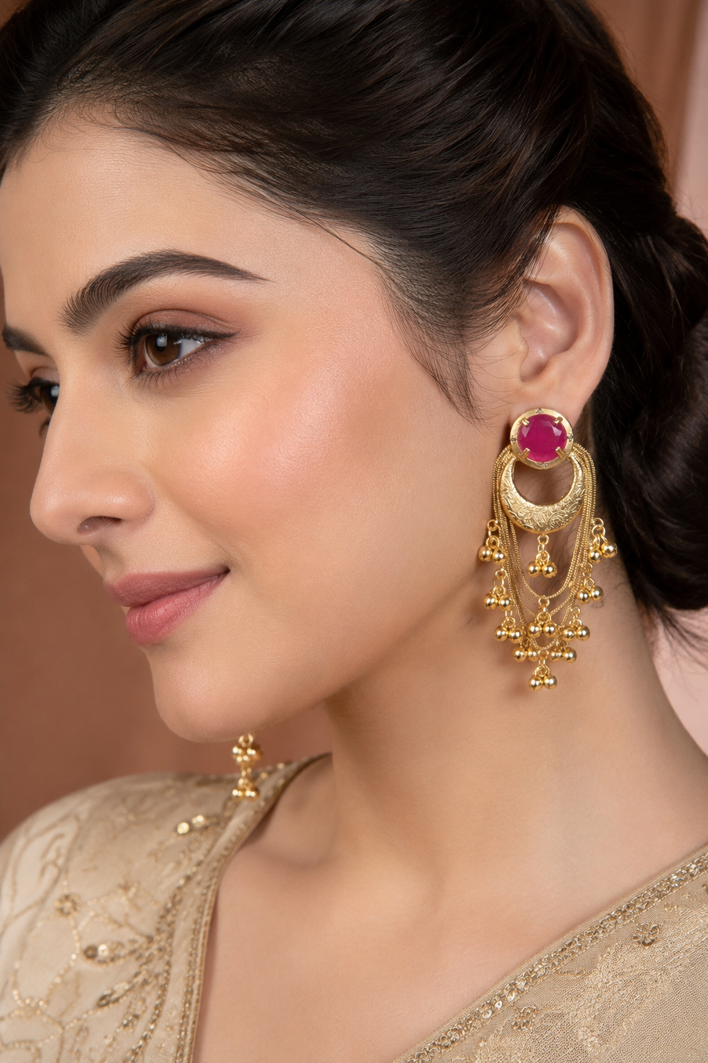 Pink Stone Gold Plated Chandbali Tassel Earrings Traditional Party Wear Designer