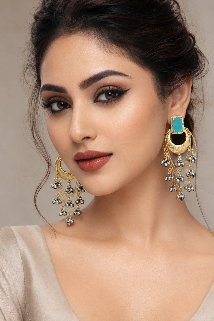 Sky Blue Stone Gold Plated Chandbali Jhumka Earrings For Women