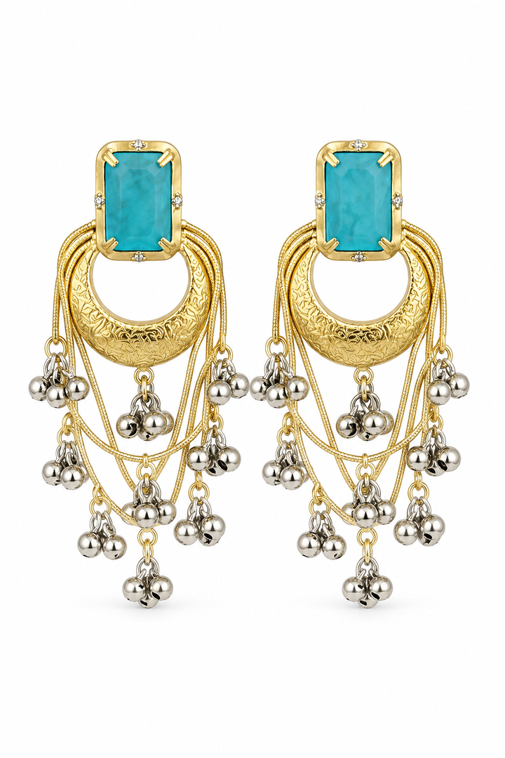 Sky Blue Stone Gold Plated Chandbali Jhumka Earrings For Women