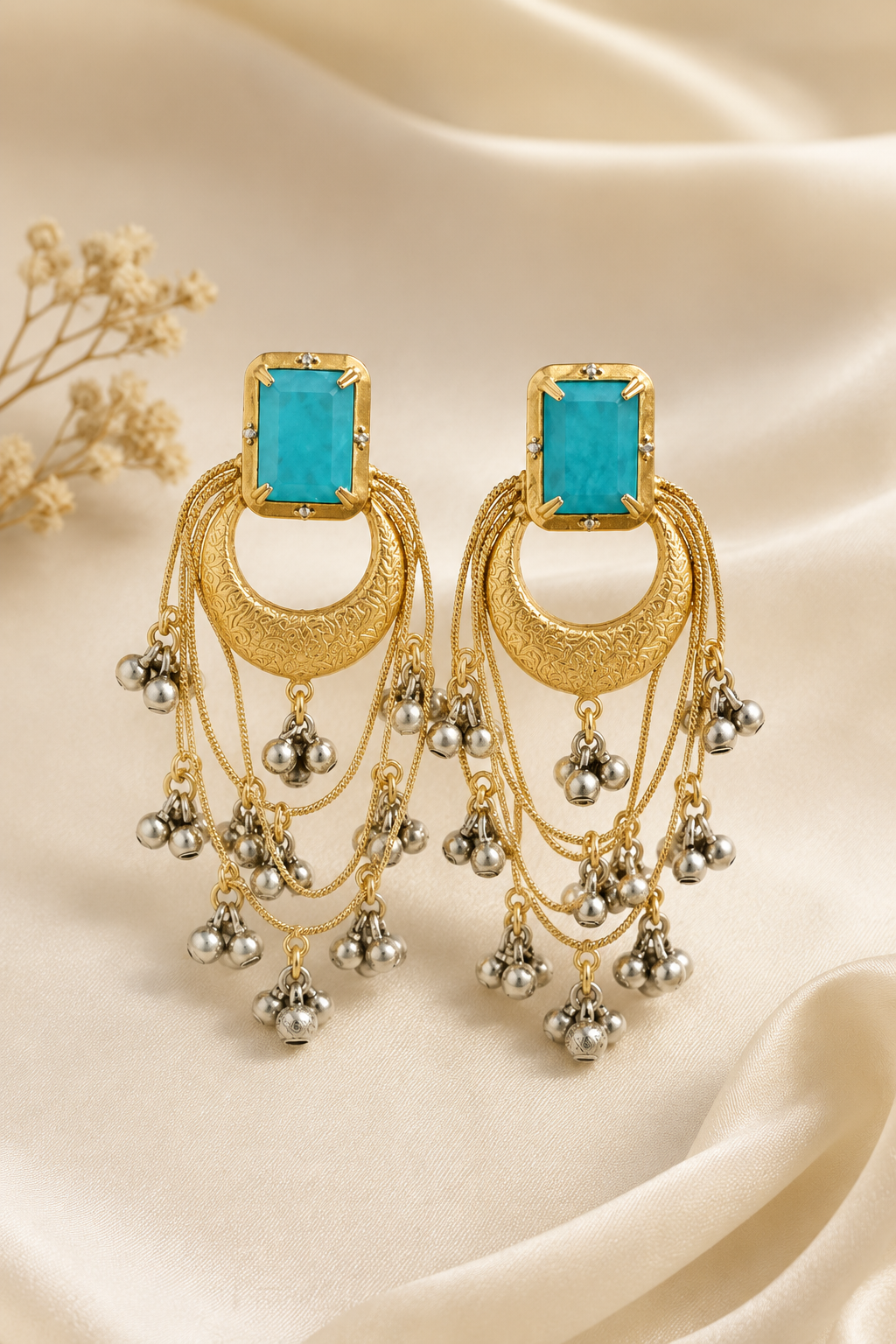 Sky Blue Stone Gold Plated Chandbali Jhumka Earrings For Women