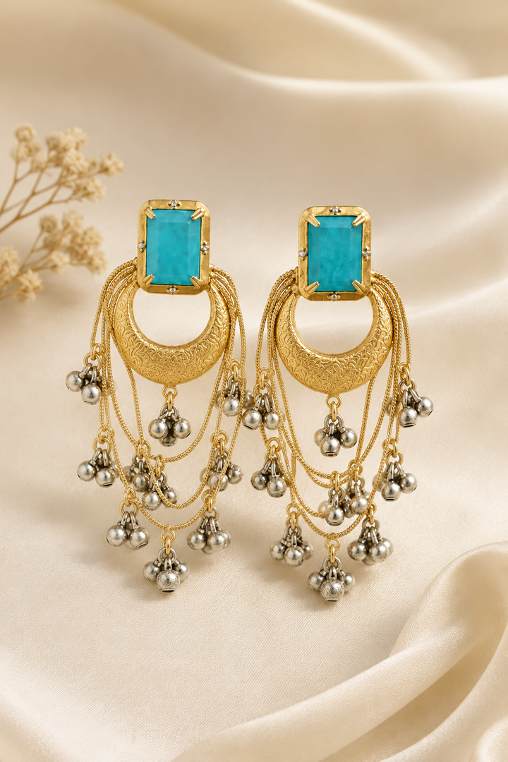 Sky Blue Stone Gold Plated Chandbali Jhumka Earrings For Women