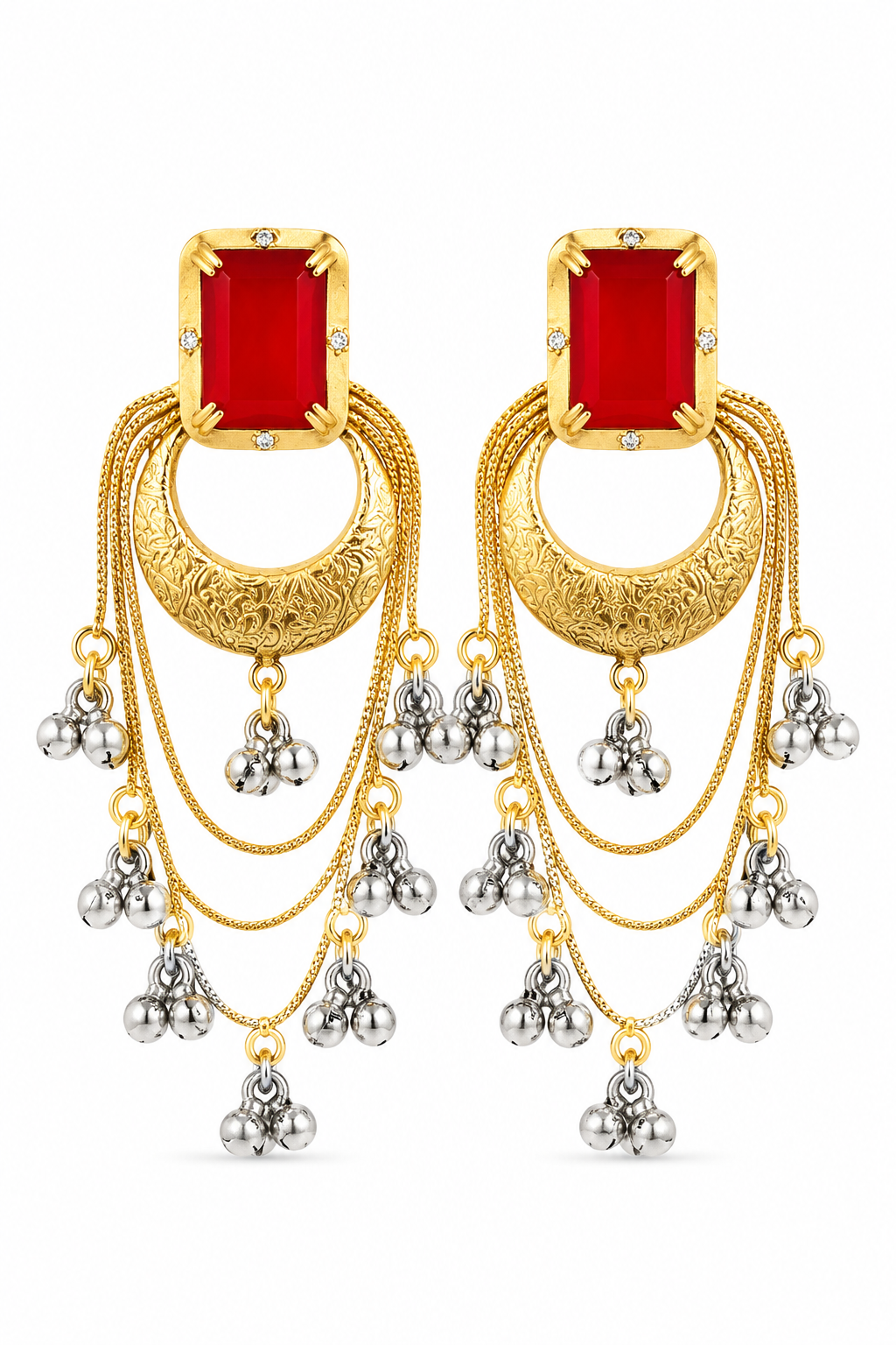 Elegant Red Stone Gold Plated Chandbali Earrings with Ghungroo