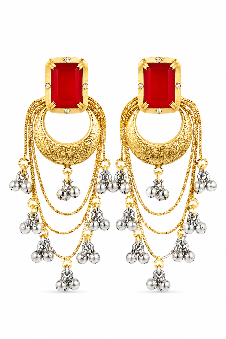 Elegant Red Stone Gold Plated Chandbali Earrings with Ghungroo