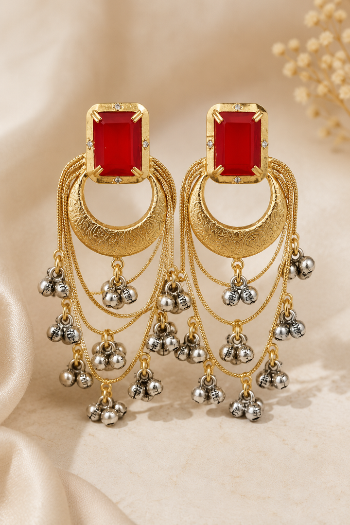 Elegant Red Stone Gold Plated Chandbali Earrings with Ghungroo