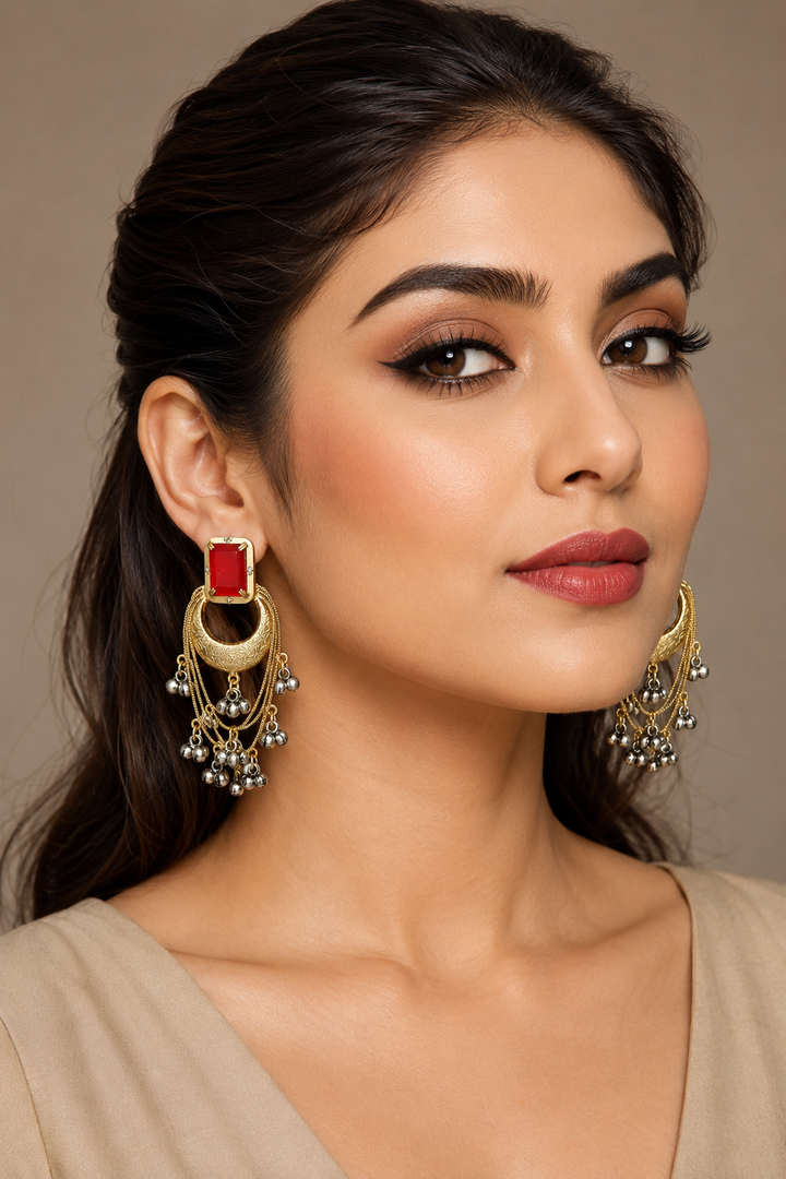 Elegant Red Stone Gold Plated Chandbali Earrings with Ghungroo