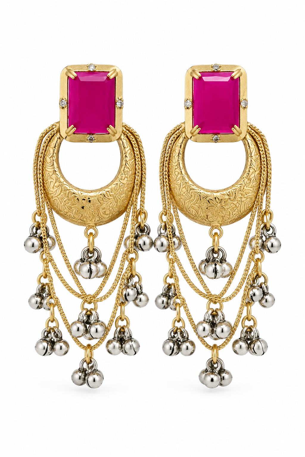 Elegant Rani Pink Chandbali Earrings with Traditional Ghungroo Hangings