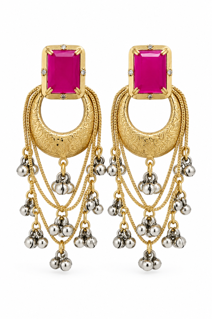 Elegant Rani Pink Chandbali Earrings with Traditional Ghungroo Hangings