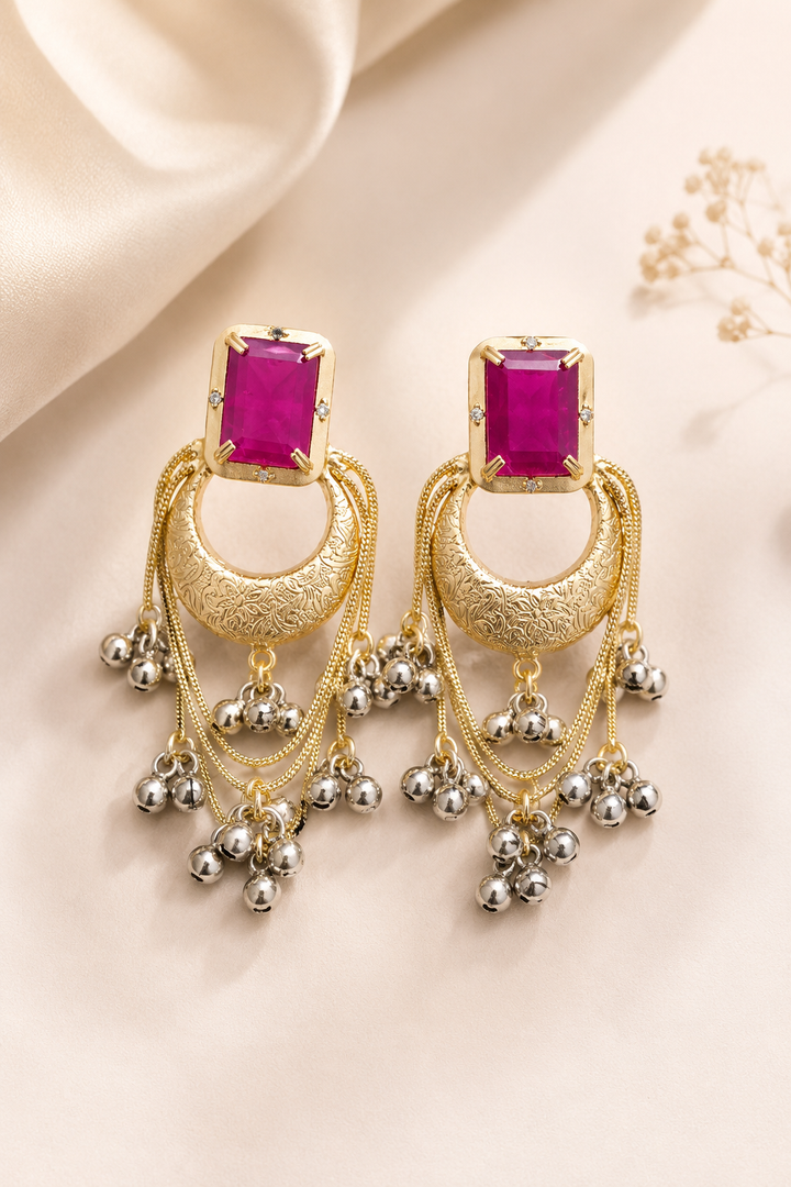 Elegant Rani Pink Chandbali Earrings with Traditional Ghungroo Hangings