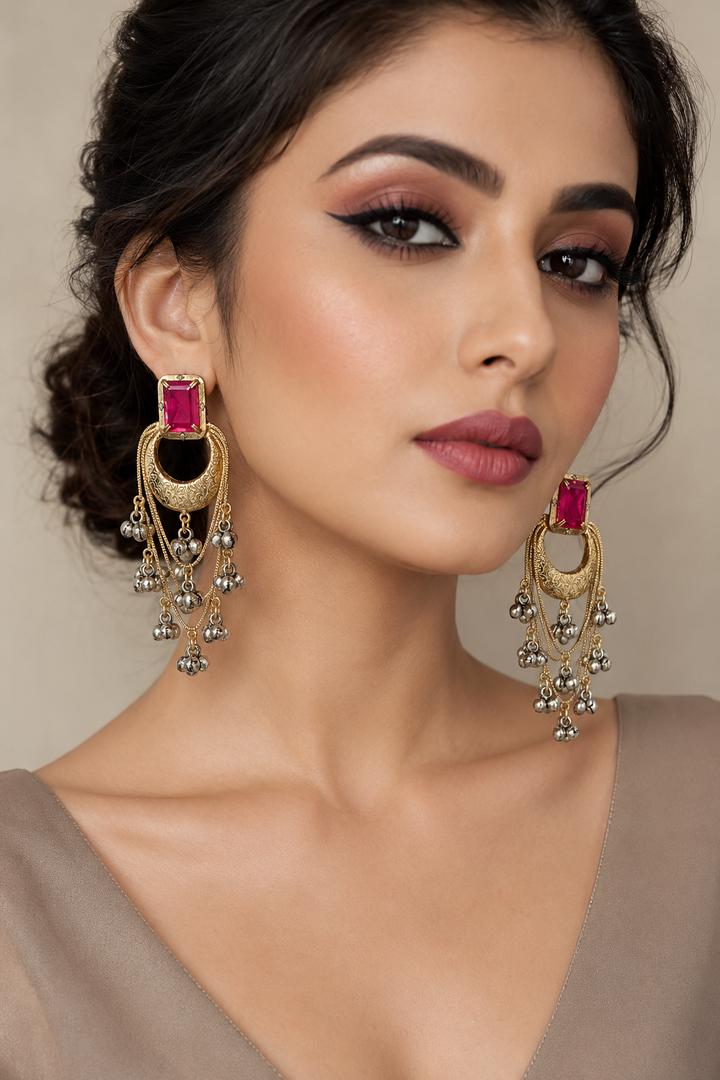 Elegant Rani Pink Chandbali Earrings with Traditional Ghungroo Hangings