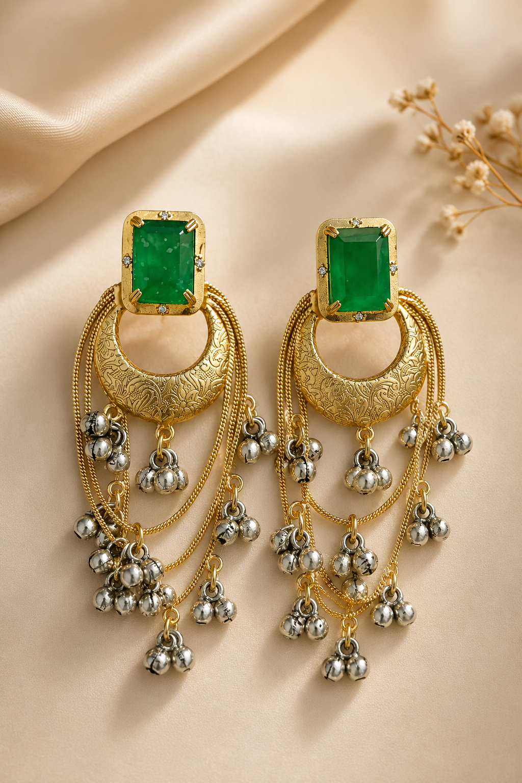 Traditional Green Pink Chandbali Earrings with Ghungroo Layered Chains