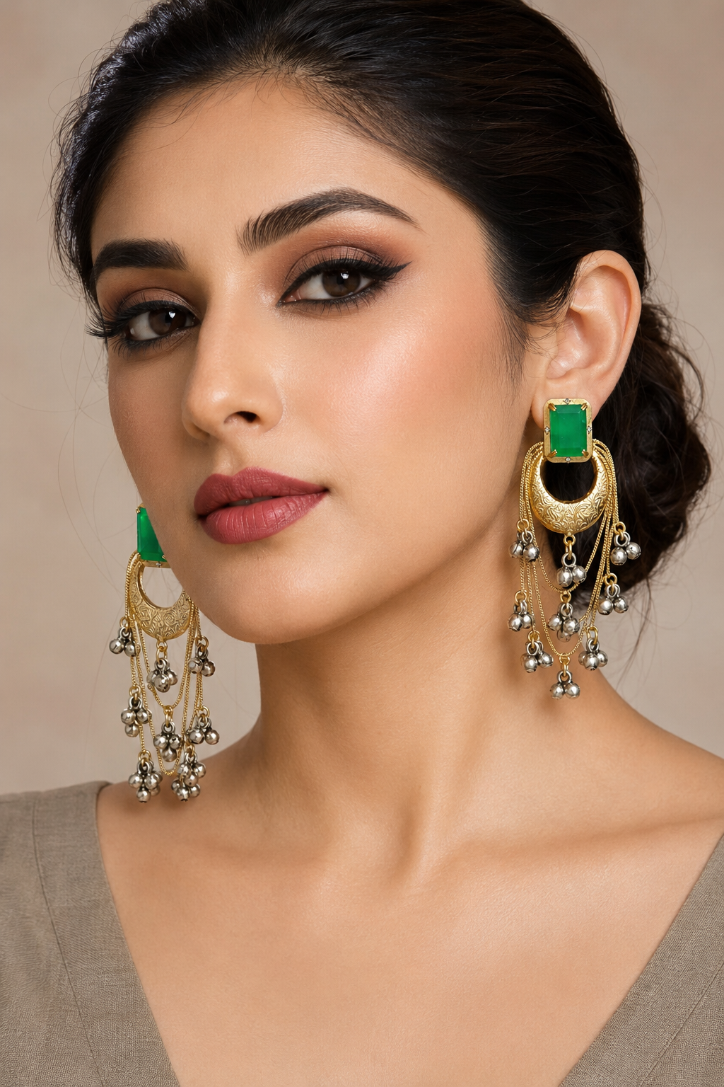 Traditional Green Pink Chandbali Earrings with Ghungroo Layered Chains