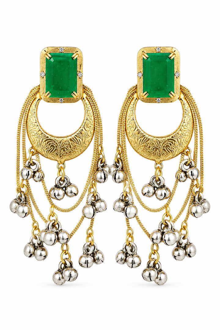 Traditional Green Pink Chandbali Earrings with Ghungroo Layered Chains