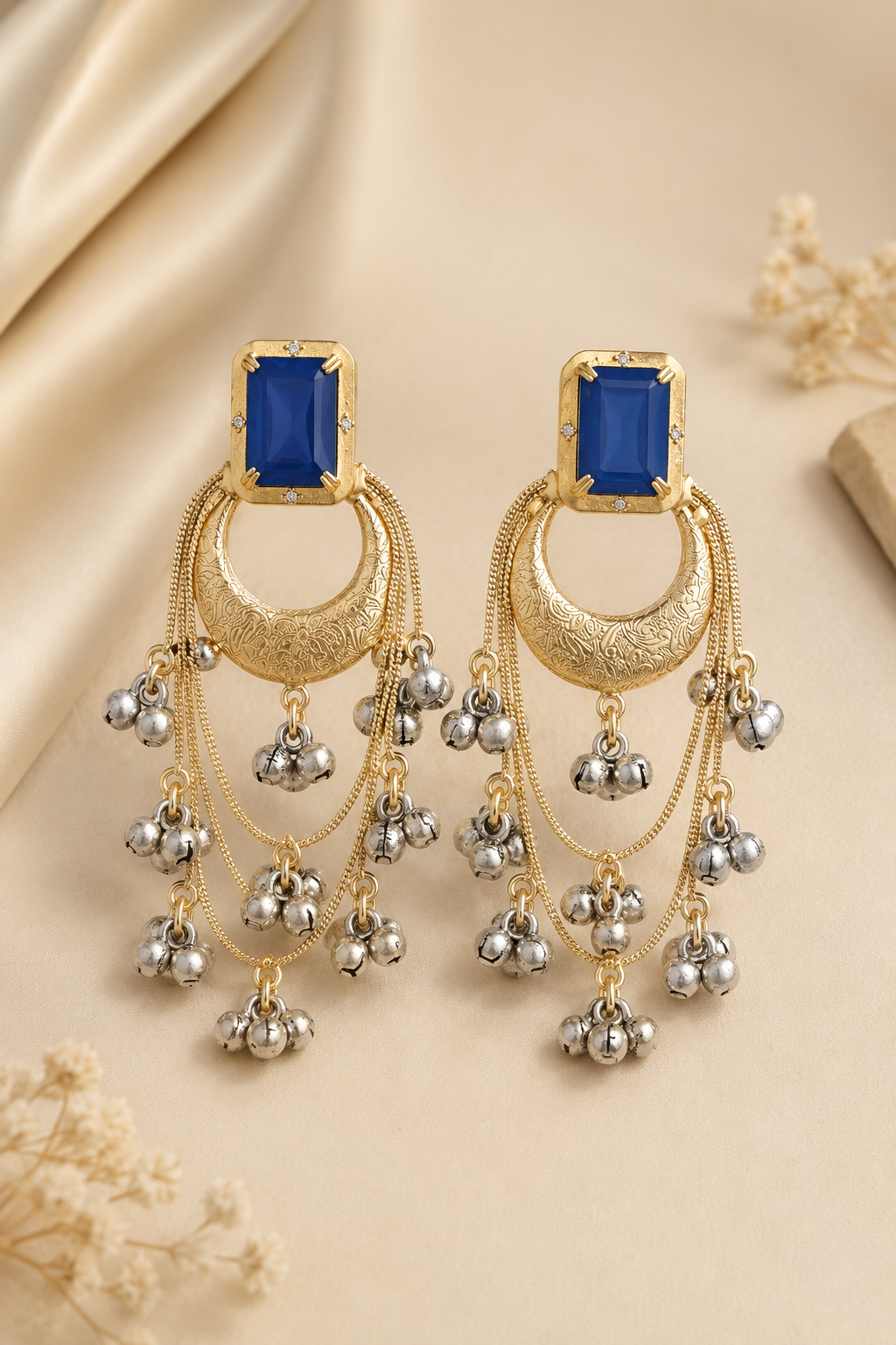 Elegant Blue Stone Gold Plated Jhumka Earrings with Ghungroo
