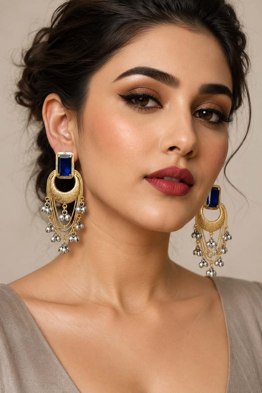 Elegant Blue Stone Gold Plated Jhumka Earrings with Ghungroo