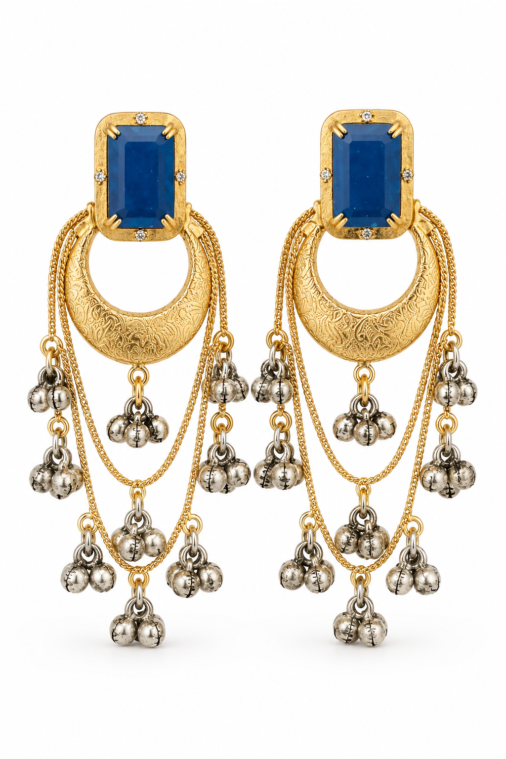 Elegant Blue Stone Gold Plated Jhumka Earrings with Ghungroo
