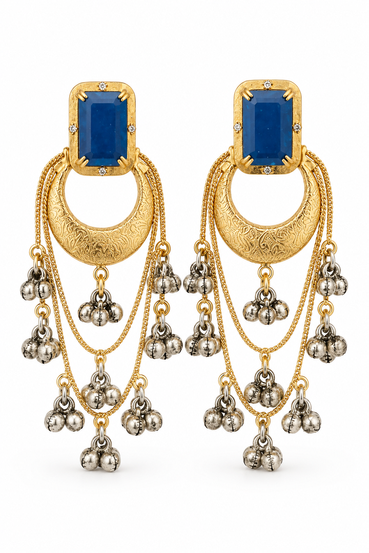 Elegant Blue Stone Gold Plated Jhumka Earrings with Ghungroo