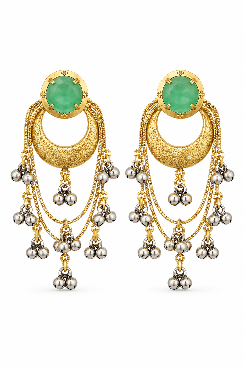 Traditional Mint Green Chandbali Earrings With Layered Silver Ghungroo Chains